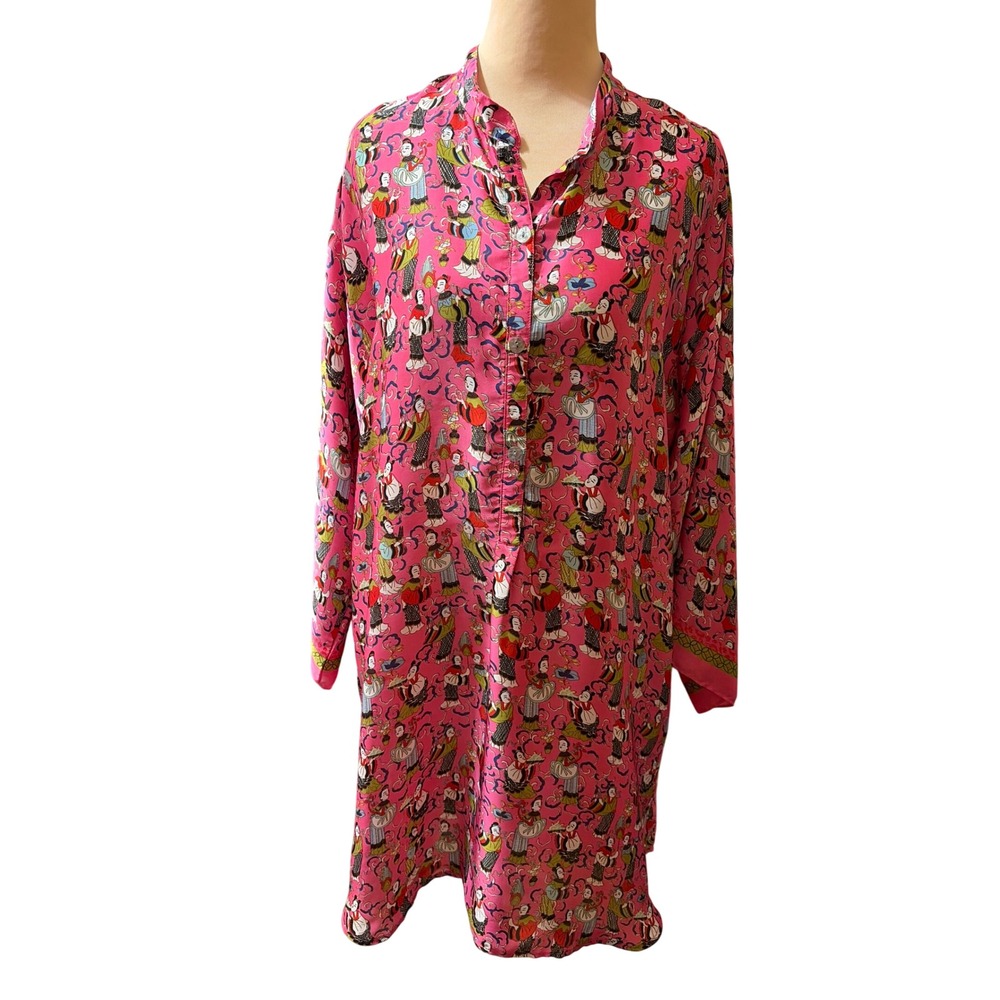 Josie Natori Pink Geisha Asian Print Button Small Tunic Satin Dress Sleep Shirt